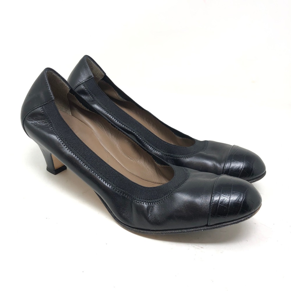 Anyi Lu Womens 37.5 Payge Pumps‎ Black Leather Cap Toe Low Kitten Heel Italy